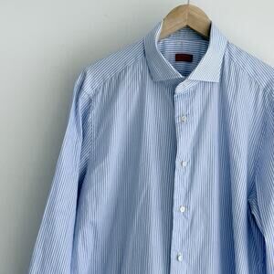Isaia Napoli Dress Shirt 18 45 Blue White Striped Cotton Button Up Long Sleeve